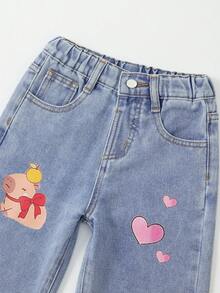 Jeans de pierna recta para niñas, pantalones vaqueros de mezclilla azul casuales para otoño/invierno, diseño lindo y dulce, adecuados para exteriores, hogar, escuela, vacaciones, con ajuste relajado, cintura elástica, estampados de mariposas y corazones