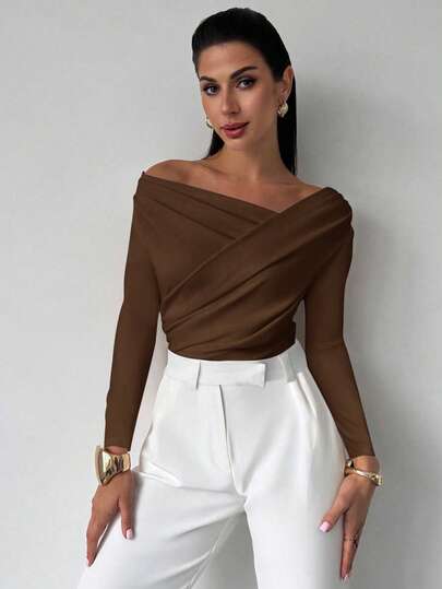 Firerie Women's Elegant Minimalist Chic Fashion Asymmetric Neck Draped Long Sleeve Cropped White Top, Suitable For Commute, Music Festival, Vacation