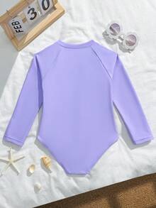 SHEIN 女童镂空花卉长袖半拉链连体泳衣 紫色泳衣 淡紫色泳衣 女童长袖泳衣 女童薰衣草色泳衣，儿童沙滩泳装，夏季度假，泳池派对夏季服装 女童泳装 连体泳衣 长袖女童泳衣 - 淡紫色 - 查看 2