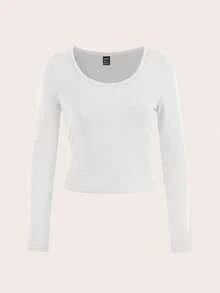 CovetEZ Women Casual Minimalist Crew Neck Long Sleeve Fitted Tee For Autumn Winter Suitable For Going Out - White - View 4