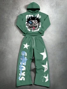 Manfinity EMRG Bộ 2 áo hoodie và quần nỉ in họa tiết đường phố thường ngày cho nam, trang phục mùa thu - màu xanh lá - Xem 2