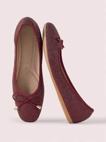 CUCCOO DOLLMOD Fashionable Shiny Comfortable Bow Tie Burgundy Flat Shoes For Christmas - Burgundy - View 2