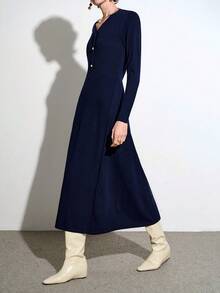 SHEIN Stylify V-Ausschnitt Knopf Taille anliegendes Strickkleid mit Langarm, eleganter französischer Stil für Herbst/Winter - marineblau - Übersicht 2