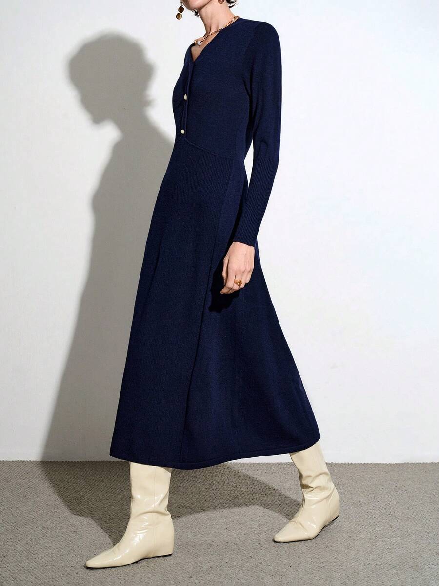 SHEIN Stylify V-Ausschnitt Knopf Taille anliegendes Strickkleid mit Langarm, eleganter französischer Stil für Herbst/Winter