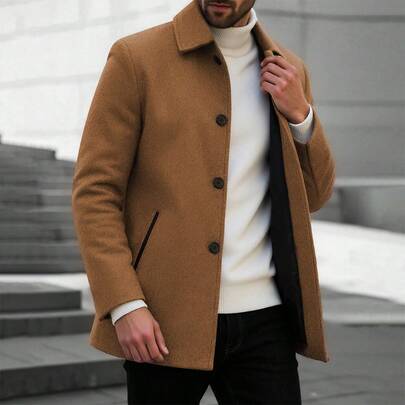 Giacca casual monopetto in misto lana di colore unito, giacca invernale da per abbigliamento esterno, giacca in lana da uomo per l'autunno, adatta per