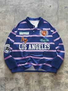 AXEPEAK Áo thun polo tay dài in chữ kẻ sọc thường ngày cỡ lớn dành cho nam, mùa thu - Màu xanh lam - Xem 1