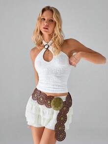 SHEIN Unity 1 件女式白色休闲/通勤/约会交叉挂脖上衣，时尚环扣设计，精致浪漫蕾丝，合身，休闲，性感，修身 - 白色 - 查看 5