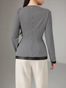 Heiryn Camisa elegante de mujer de cuello redondo, manga larga y abotonadura sencilla con estampado de pata de gallo - Blanco y Negro - Ver 2