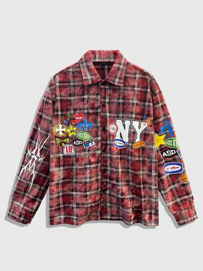 Camicia casual monopetto a maniche lunghe con stampa a lettere e plaid da uomo