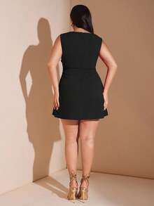 SHEIN BAE Váy ngắn xếp nếp màu đỏ cỡ lớn dành cho nữ, Váy đi biển thanh lịch cho mùa xuân/hè - màu đen - Xem 7