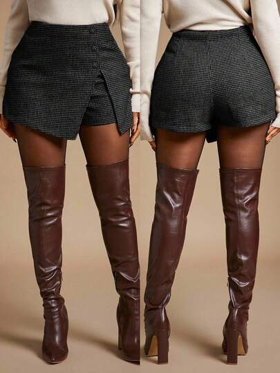 Radiana Retro Unique Grey Houndstooth Woolen Fabric High Waist Shorts/Mini Skirt, Maillard Color, Business Casual Bottoms Suitable For Leisure, Commute, Office, Party, Autumn/Winter