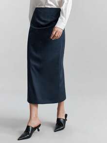 Ontre 2026 Spring/Summer Women's Vintage Elegant Casual Business Versatile, Nashville Apparel, Solid Color Skirt For Urban Commute, Business Casual, Wedding Guest Irregular Natural Ruffle Skirt - Navy Blue - View 1