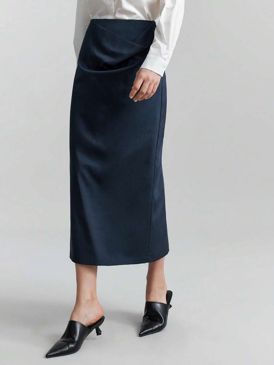 Ontre 2026 Spring/Summer Women's Vintage Elegant Casual Business Versatile, Nashville Apparel, Solid Color Skirt For Urban Commute, Business Casual, Wedding Guest Irregular Natural Ruffle Skirt - Navy Blue - View 1