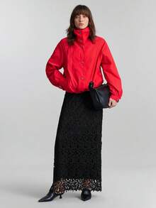 Ontre Women's Black,Autumn,Classy,Elegant,Dining Floral Lace Maxi Skirt,Textured Fabric A-Line Design,Casual Urban Chic Business Attire Office Wear,Wedding - Black - View 5