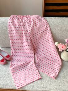 SHEIN Comfortcana 2025新款秋冬时尚女式格子爱心印花抽绳腰裤，圣诞节新年粉色裤子 - 粉色 - 查看 6