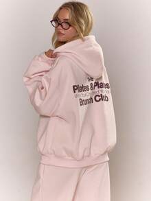 MUSERA Graphic Print Hoodie Tracksuit Top Only Fall Autumn Cosy Jumper Cute Casual Outings Winter  Two Pieces Lounge Set Comfortable Coffee Club Valentines Day - Pink - View 1