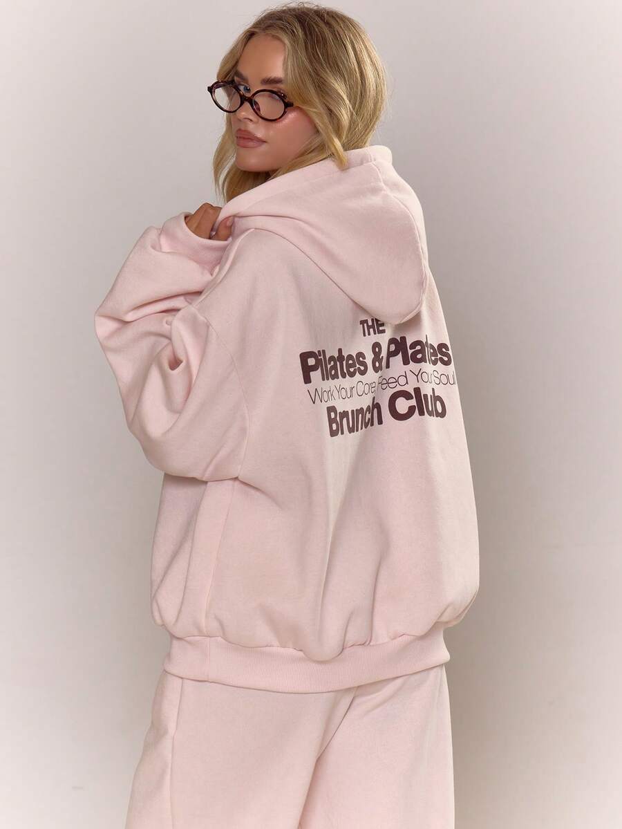 MUSERA Graphic Print Hoodie Tracksuit Top Only Fall Autumn Cosy Jumper Cute Casual Outings Winter  Two Pieces Lounge Set Comfortable Coffee Club Valentines Day - Pink - View 1