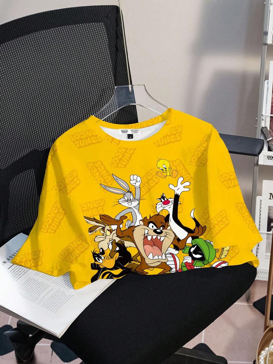 LOONEY TUNES X SHEIN Áo thun ngắn tay in hình động vật hoạt hình dễ thương dành cho nữ, mùa hè - trắng - Xem 1