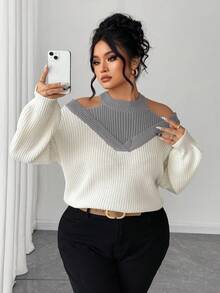 SHEIN Elenzya 女士二合一露肩撞色毛衣 - 淺灰色 - 查看 4