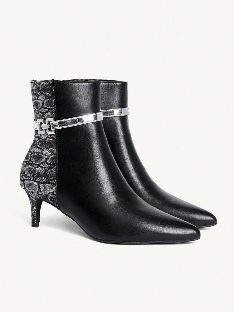 CUCCOO CHICEST Women's Pointed Toe Snake Skin Pattern Metal Decor Fashion Pointed Toe Stiletto Ankle Boots For Christmas