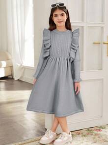 SHEIN Tween Girl Casual Knitted Jacquard Solid Color Ruffle Collar Long Sleeve Dress, Grey Dress, Suitable For Christmas, New Year Party, Preppy Style, Daily Wear - Grey - View 6