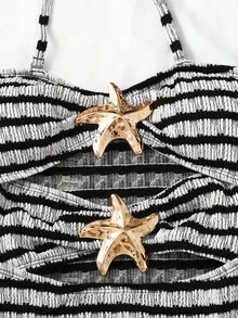 SHEIN 少女休闲度假黑色连体泳衣，可拆卸肩带，镂空海星装饰，褶皱设计，夏季沙滩 - 黑與白 - 查看 7