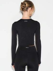 KIZN High Shine Long Sleeve Cropped Active Top For Sports Training Workouts - Black - View 2