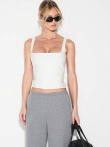 KIZN Áo ba lỗ không tay cổ vuông có gân ôm sát, dáng ôm vừa vặn, thoải mái, đơn giản cho mùa hè - trắng - Xem 1