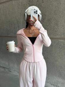 SHEIN 2 件套青少年女孩粉色修身套头连帽衫 + 长款连帽衫休闲时尚百搭服装 - 粉色 - 查看 4