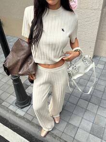 Muchica Women's Knight Pattern Round Neck Short Sleeve Knitted Top And Long Pants Set - Apricot - View 6