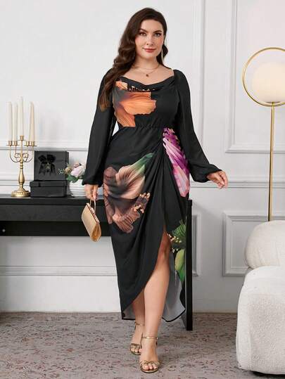 Reflora 大码优雅印花开衩连衣裙，适合派对和秋季穿着，女士秋季服装，大码秋季女装