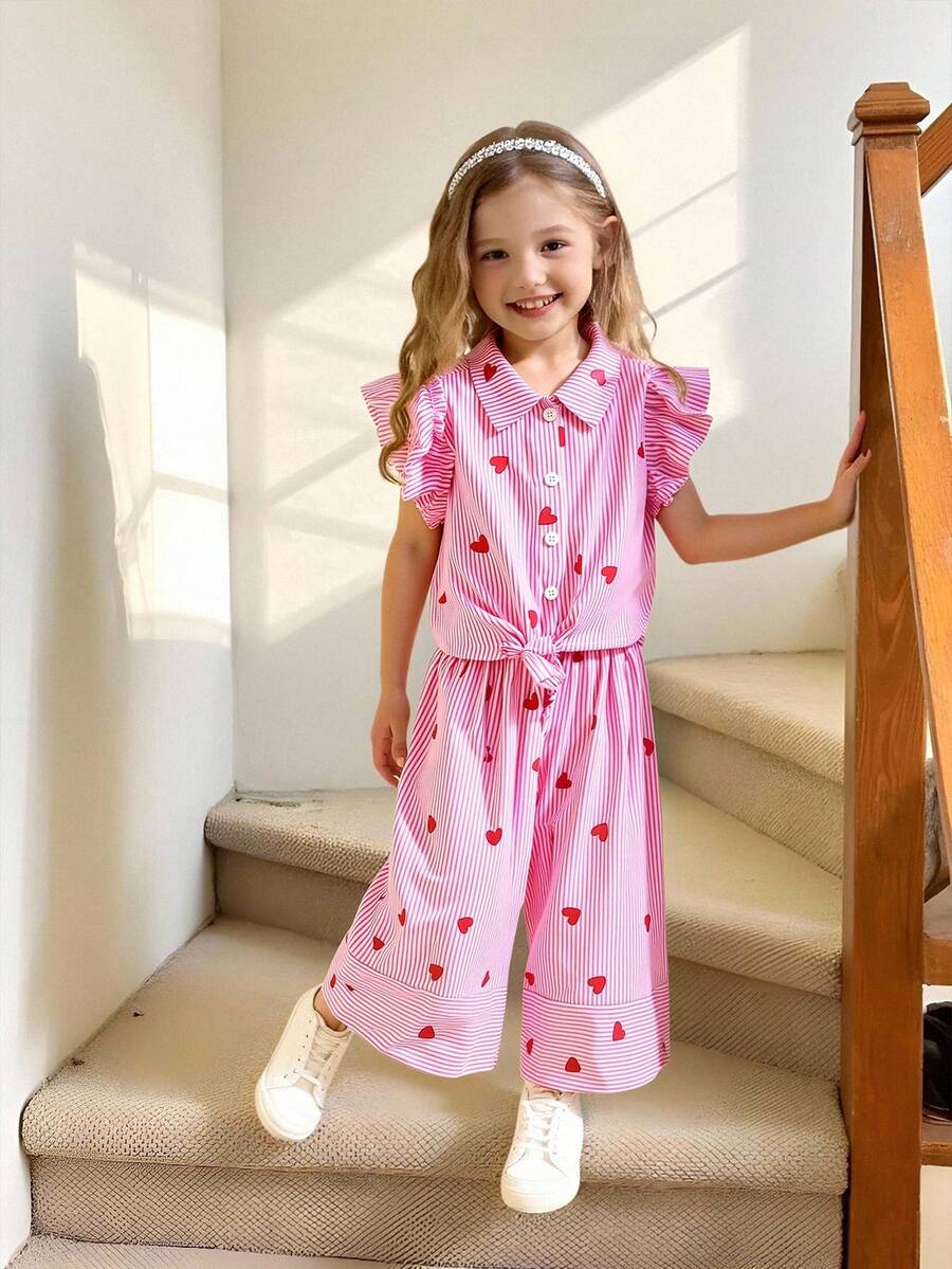 SHEIN 2件套 女童可爱条纹爱心印花短袖上衣 - 粉色 - 查看 1