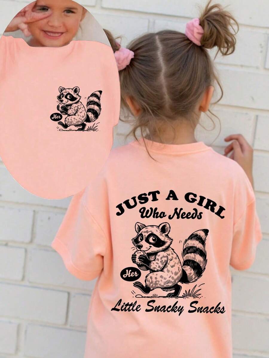 SHEIN Young Girl' Casual Comfy Cute Capybara Letter Print Short Sleeve T-Shirt, Spring/Summer - Pink - View 1