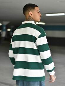 Devon Thys 男士条纹领扣前长袖时尚运动衫 - 綠色 - 查看 2