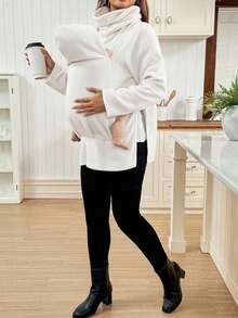 SHEIN 双层加厚连帽三合一外套，多功能孕妇背巾婴儿背带抓绒 - 米色 - 查看 6