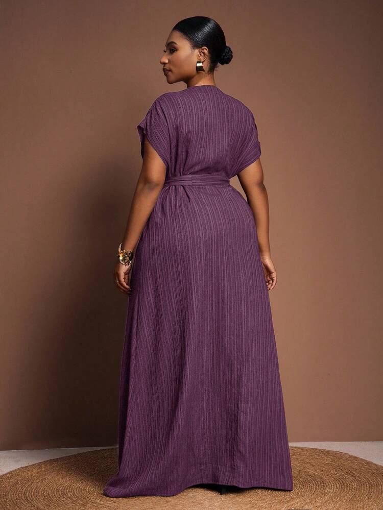 Versatile All-Match Casual Elegant Ruffled Tie Waist Short Sleeve Plus Size Beach Dress, Suitable For Easter, Western, Beach, Boho - Purple - View 2