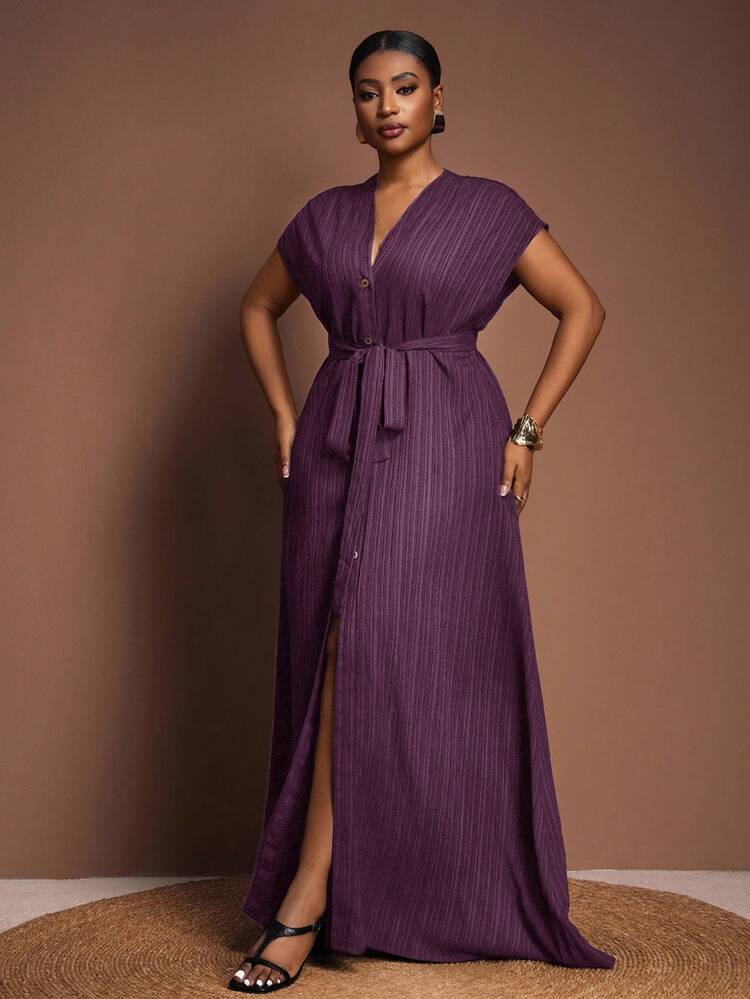 Versatile All-Match Casual Elegant Ruffled Tie Waist Short Sleeve Plus Size Beach Dress, Suitable For Easter, Western, Beach, Boho - Purple - View 6