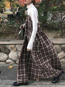 FRIFUL 女士休闲日常通勤学院风印花拉链前开襟纸袋腰吊带中长连衣裙，春夏秋季连衣裙