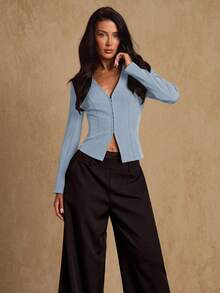 Glamine Elegant Minimalist Military Green Shirt Collar Open Front Button Down Long Sleeve Jacket For Women, Spring/Autumn Women Blouses Elegant Baby Blue Top Women Light Blue Top Business Casual Woman Top Sexy Blouses - Blue - View 6