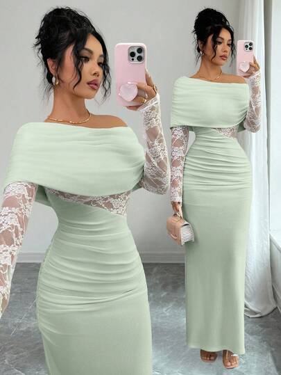 Rafferiza Damen sexy & elegantes asymmetrisches Rüschen-Spitzen-Patchwork-Kleid mit langen Ärmeln in Weiß