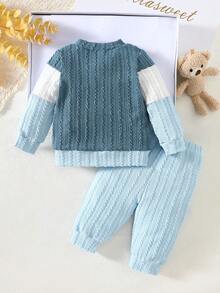 SHEIN 新生男宝宝针织提花三色拼接泰迪熊刺绣长袖衬衫搭配浅蓝色裤子两件套，秋季新款时尚，个性百搭，休闲简约，适合户外摄影 - 藍色 - 查看 7