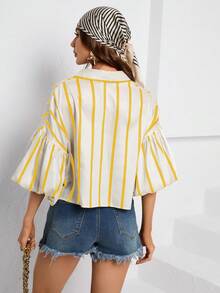 SHEIN Privé Striped Print Lantern Sleeve Shirt - Yellow - View 2