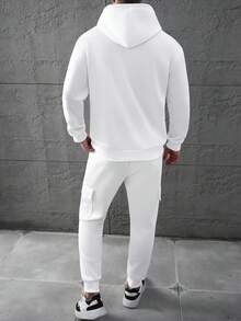 SLATEMANN 男士纯色拉链连帽衫和运动裤休闲运动服套装，秋季，秋装，舒适服装 - 白色 - 查看 3