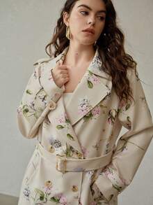 MOTF PREMIUM PLUS SIZE FLORAL PRINT LAPEL COLLAR SLANT POCKET BUCKLE BELTED LONGLINE TRENCH COAT
