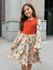 SHEIN NovaGlow Tween Girl Tween Girls Crew Neck Kaki Knit Patchwork Ditsy Floral Dress - màu nâu - Xem 7