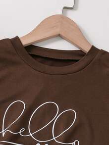 青少年女孩趣味鬼魂印花休闲 T 恤，适合万圣节、秋季上衣 - 咖啡棕 - 查看 5