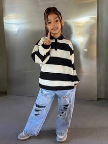 DAZY Young Girl' Striped Knit Collared Sweatshirt, Fall - Black and White - View 6