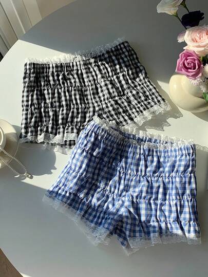 Comfortcana 2025 Nuevos Shorts de mujer de estilo minimalista y de moda para el otoño con detalles de encaje y cuadros, shorts casuales de verano a cuadros para mujer, shorts fruncidos con encaje para el verano