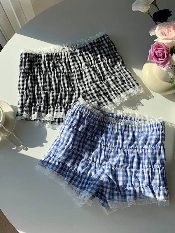 Comfortcana 2025 New Arrive Minimalism Fall Fashionable Women's Casual Lace Trim Gingham Shorts, Summer Plaid Casual For Women Beach Shorts Summer For Women Smocked Shorts Lace Trim Shorts