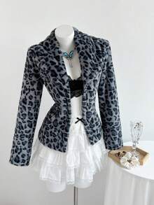 Elamini Women's New Autumn/Winter Leopard Print Lapel Cardigan, Vintage Style - Blue - View 4